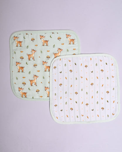 Twingle 100% Organic Muslin Wash Cloths-Soft Terry on the Back for maximum Absorbency-Built In Loop for Everyday Convenience-Fawnie Friends & Leafy Mush Print-Pack of 2-For Infants