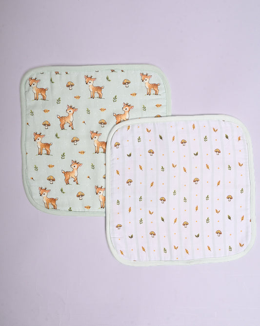 Twingle 100% Organic Muslin Wash Cloths-Soft Terry on the Back for maximum Absorbency-Built In Loop for Everyday Convenience-Fawnie Friends & Leafy Mush Print-Pack of 2-For Infants