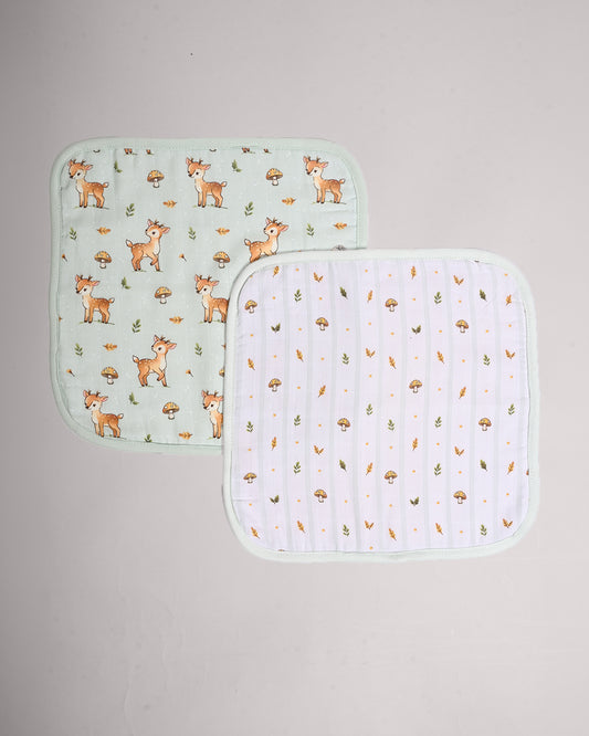 Twingle 100% Organic Muslin Wash Cloths-Soft Terry on the Back for maximum Absorbency-Built In Loop for Everyday Convenience-Fawnie Friends & Leafy Mush Print-Pack of 2-For Infants