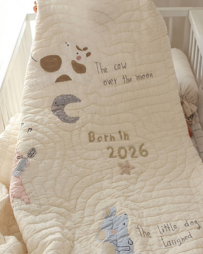 Aplito Baby Bedding Set-Hey Diddle Diddle-Hand Embroidered-Cotton Linen-Beige-For Infants