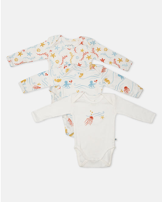 Cotton Bug White Bodysuit-Sea World-Organic Cotton-Full Sleeves-Pack of 3-For Infants