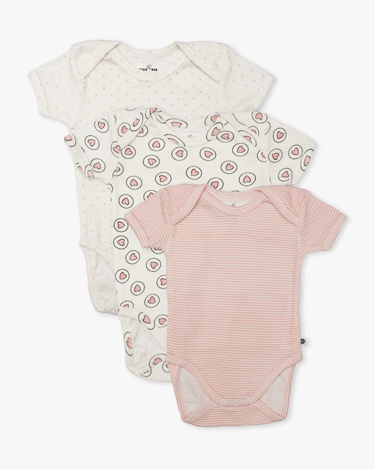 Cotton Bug White & Pastel Pink Bodysuit-Hearts-Organic Cotton-Half Sleeves-Pack of 3-For Infants