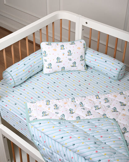 Twingle 100% Organic Muslin Dino Dare Baby Bedding Set-Pack of 5-Reversible Quilt, All-round Elastic Bedsheet, Pillow & Bolsters-Eco Certified Genesta baby safe Inks-White & Light Blue-For Infants