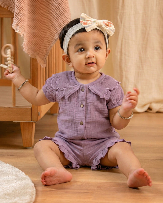 Twingle 100% Organic Muslin Shirt & Shorts Set-Puff Sleeves-Adjustable Waistband-Lavender-Soild-For Infants
