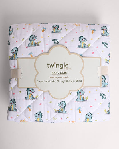 Twingle 100% Organic Muslin Reversible Baby Quilt-Dino Dare & Paw Strokes-High Twist Yarn for Lasting Softness-Eco Certified Genesta Inks for Skin-Safe Prints-White & Blue-For Infants