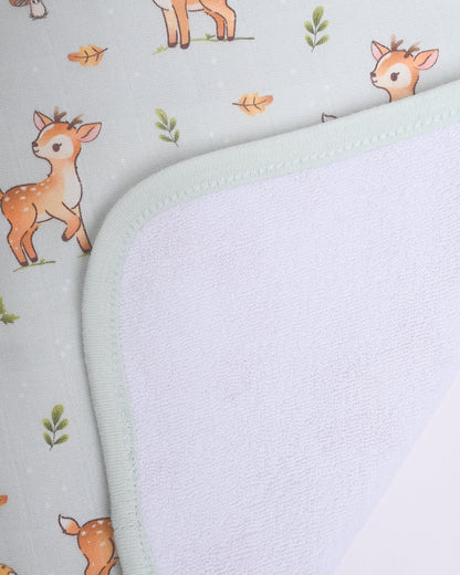 Twingle 100% Organic Muslin Wash Cloths-Soft Terry on the Back for maximum Absorbency-Built In Loop for Everyday Convenience-Fawnie Friends & Leafy Mush Print-Pack of 2-For Infants