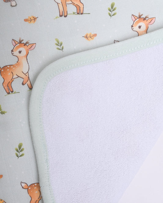 Twingle 100% Organic Muslin Wash Cloths-Soft Terry on the Back for maximum Absorbency-Built In Loop for Everyday Convenience-Fawnie Friends & Leafy Mush Print-Pack of 2-For Infants