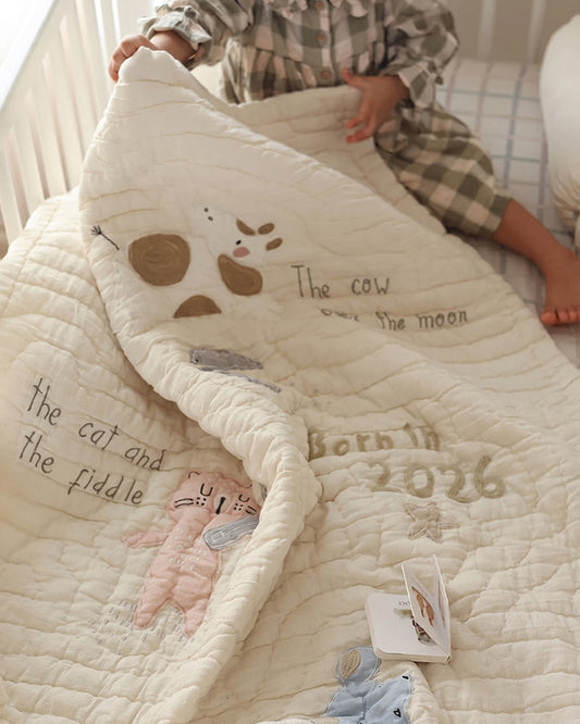 Aplito Baby Bedding Set-Hey Diddle Diddle-Hand Embroidered-Cotton Linen-Beige-For Infants