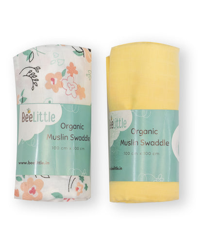 BeeLittle Organic Muslin Swaddles-Cherry Blossom & Yellow-Pack of 2-Infant Wraps