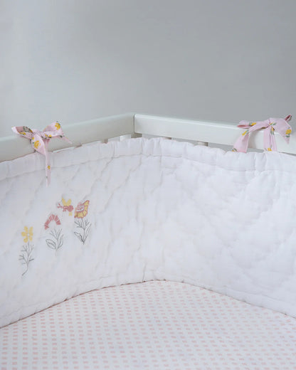 Aplito Baby Cot Bumper-Bella Blush-Hand Embroidered-100% Organic Cambric Cotton-White & Pink-For Infants