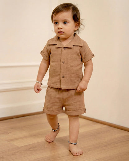 Twingle 100% Organic Muslin Shirt & Shorts Set-Functional Pocket-Adjustable Waistband-Tan-Solid-For Infants