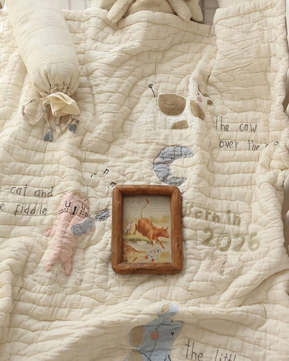 Aplito Baby Bedding Set-Hey Diddle Diddle-Hand Embroidered-Cotton Linen-Beige-For Infants