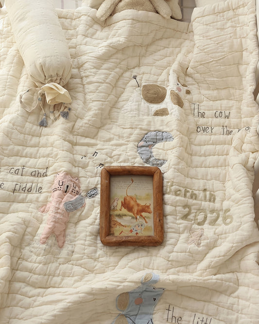 Aplito Baby Bedding Set-Hey Diddle Diddle-Hand Embroidered-Cotton Linen-Beige-For Infants