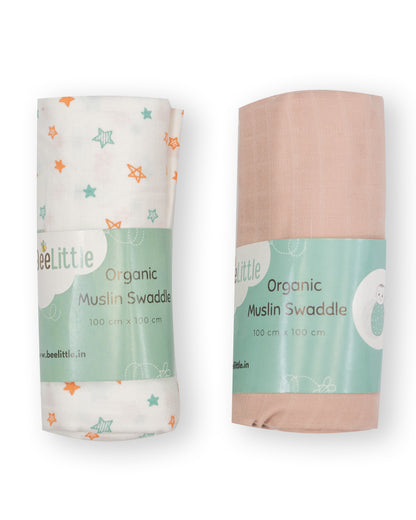 BeeLittle Organic Muslin Swaddles-Twinkle Twinkle & Peach Mania-Pack of 2-Infant Wraps