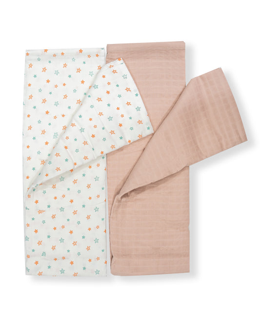 BeeLittle Organic Muslin Swaddles-Twinkle Twinkle & Peach Mania-Pack of 2-Infant Wraps