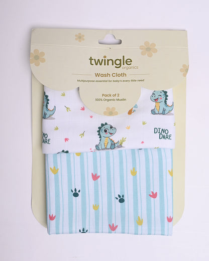 Twingle 100% Organic Muslin Wash Cloths-Soft Terry on the Back for maximum Absorbency-Built In Loop for Everyday Convenience-Dino Dare & Paw Strokes Print-Pack of 2-For Infants