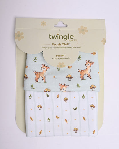 Twingle 100% Organic Muslin Wash Cloths-Soft Terry on the Back for maximum Absorbency-Built In Loop for Everyday Convenience-Fawnie Friends & Leafy Mush Print-Pack of 2-For Infants