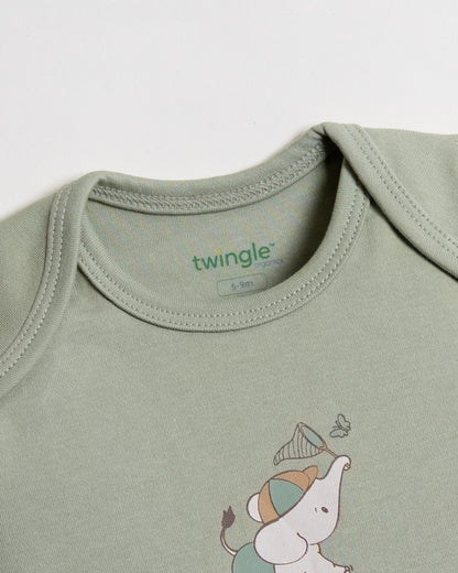 Twingle 100% Organic Cotton Bodysuit-Envelope Neck for Easy Dressing-Nickel Free Snaps-Short Sleeves-Solid-Sage Green-For Infants