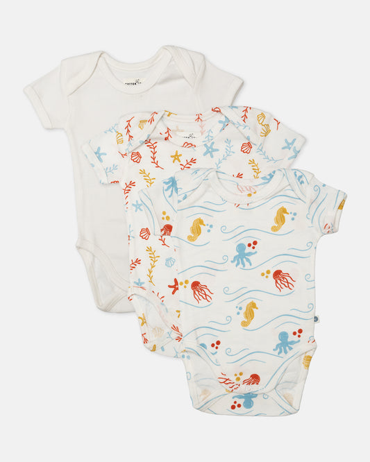 Cotton Bug White Bodysuit-Sea World-Organic Cotton-Half Sleeves-Pack of 3-For Infants