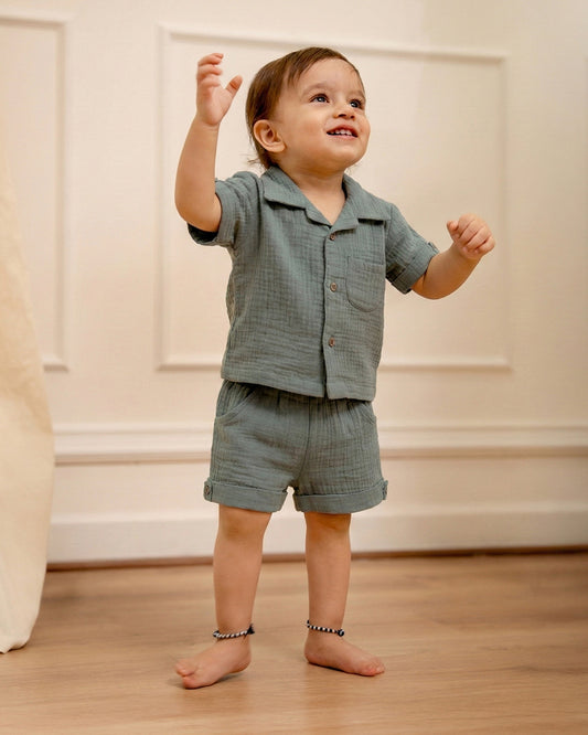 Twingle 100% Organic Muslin Shirt & Shorts Set-Functional Pocket-Adjustable Waistband-Sage Green-Solid-For Infants