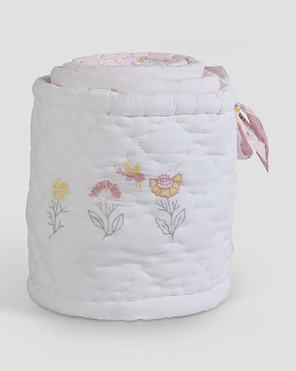 Aplito Baby Cot Bumper-Bella Blush-Hand Embroidered-100% Organic Cambric Cotton-White & Pink-For Infants