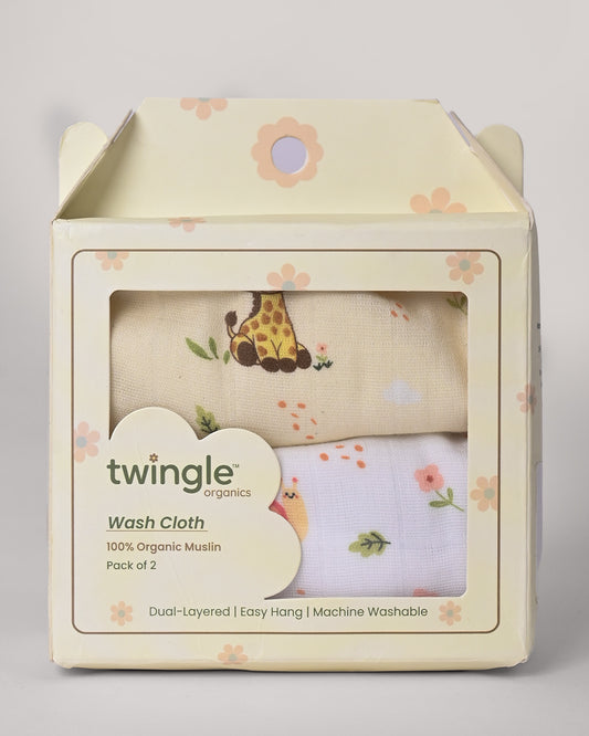 Twingle 100% Organic Muslin Wash Cloths-Soft Terry on the Back for maximum Absorbency-Built In Loop for Everyday Convenience-Giffy Garden & Snail Trail Print-Pack of 2-For Infants