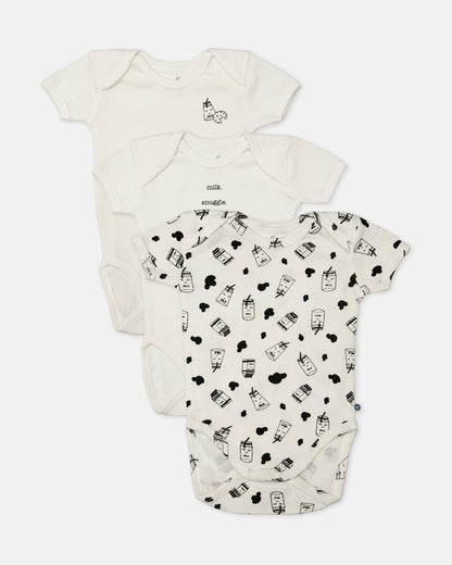 Cotton Bug White & Black Bodysuit-Milk-Organic Cotton-Half Sleeves-Pack of 3-For Infants