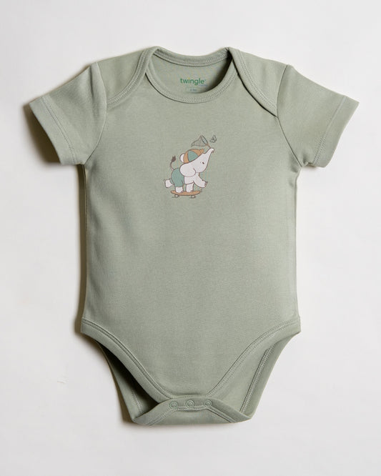 Twingle 100% Organic Cotton Bodysuit-Envelope Neck for Easy Dressing-Nickel Free Snaps-Short Sleeves-Solid-Sage Green-For Infants