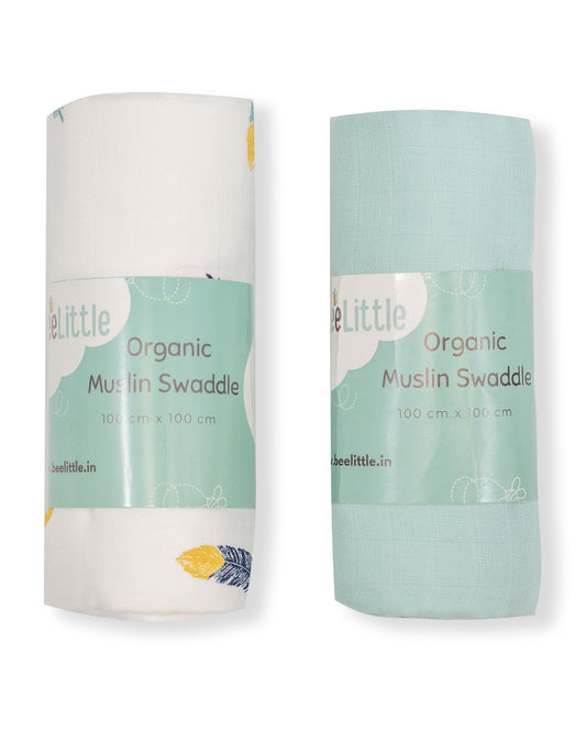 BeeLittle Fancy Feathers & Teal Green-Organic Muslin Swaddle-Pack of 2-Infant Wraps