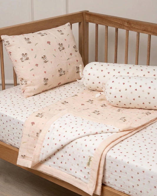 Twingle 100% Organic Muslin Mama Deer Baby Bedding Set-Pack of 5-Reversible Blanket, All-round Elastic Bedsheet, Pillow & Bolsters-Eco Certified Genesta baby safe Inks-White & Blue-For Infants