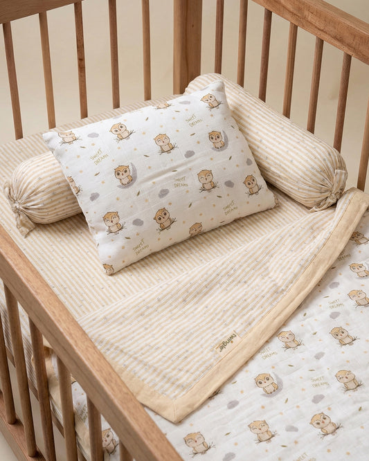 Twingle 100% Organic Muslin Sleepy Owls Baby Bedding Set-Pack of 5-Reversible Blanket, All-round Elastic Bedsheet, Pillow & Bolsters-Eco Certified Genesta baby safe Inks-White & Blue-For Infants