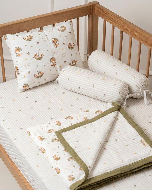 Twingle 100% Organic Muslin Cozy Roars Baby Bedding Set-Pack of 5-Reversible Blanket, All-round Elastic Bedsheet, Pillow & Bolsters-Eco Certified Genesta baby safe Inks-White & Blue-For Infants