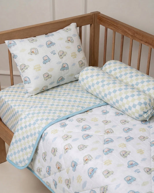 Twingle 100% Organic Muslin Little Drivers Baby Bedding Set-Pack of 5-Reversible Quilt, All-round Elastic Bedsheet, Pillow & Bolsters-Eco Certified Genesta baby safe Inks-White & Blue-For Infants
