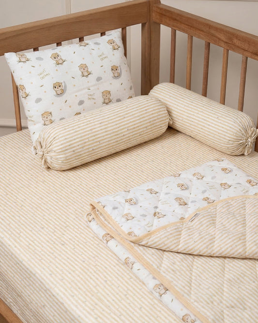 Twingle 100% Organic Muslin Sleepy Owls Baby Bedding Set-Pack of 5-Reversible Quilt, All-round Elastic Bedsheet, Pillow & Bolsters-Eco Certified Genesta baby safe Inks-White & Blue-For Infants