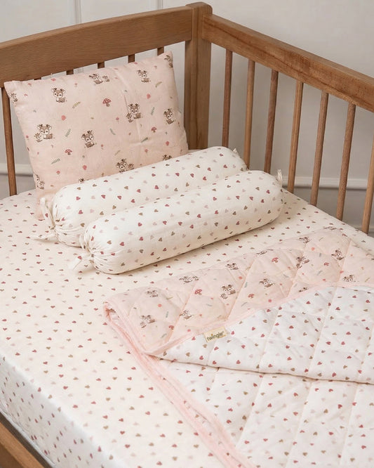 Twingle 100% Organic Muslin Mama Deer Baby Bedding Set-Pack of 5-Reversible Quilt, All-round Elastic Bedsheet, Pillow & Bolsters-Eco Certified Genesta baby safe Inks-White & Blue-For Infants