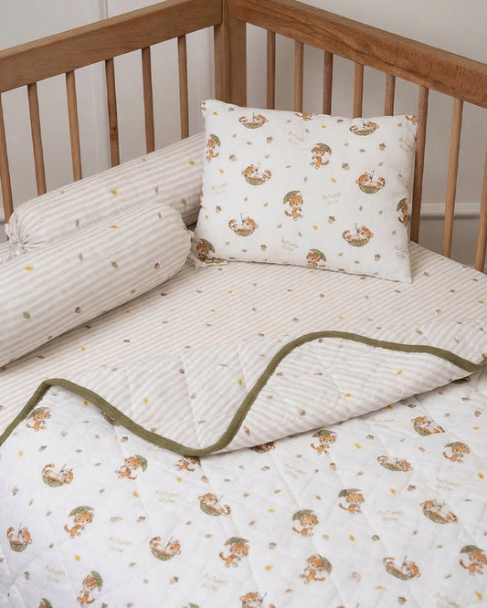 Twingle 100% Organic Muslin Cozy Roars Baby Bedding Set-Pack of 5-Reversible Quilt, All-round Elastic Bedsheet, Pillow & Bolsters-Eco Certified Genesta baby safe Inks-White & Blue-For Infants