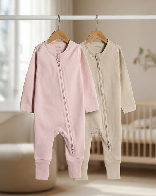 Twingle 100% Organic Cotton Sleepsuits-Zip Guard to Protect Baby's Chin & Neck-Two Way Zipper for Easy Diaper Change-Inbuilt Booties & Mittens-Long Sleeves-Solid-Beige & Pastel Pink-Pack of 2-For Infants