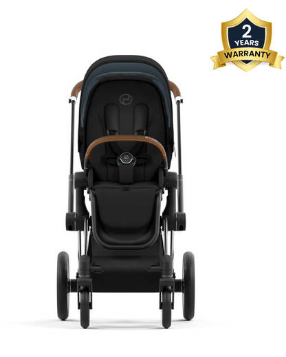 Cybex Priam Stroller-Height Adjustable Parent Handle Bar-Reversible & Flat Reclining Seat-One Hand Fold-Travel System Compatible-2 Years Warranty-For 0 to 4Y (Upto 22 Kg)-Chrome Brown Frame & Sepia Black Seat
