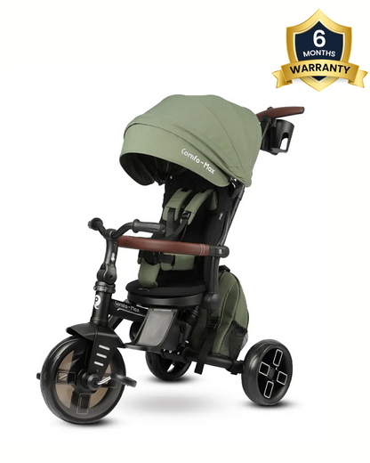 Qplay Comfo Max 7-in-1 Trike-Height Adjustable Parent Handle Bar-360 Degrees Rotating Seat-Adjustable Backrest-Foldable Frame-With Detachable Backpack-For 10M to 6Y (Upto 25 Kg)-Olive Green