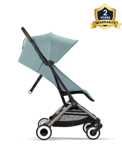 Cybex Orfeo Cabin Friendly Stroller-One Hand Fold-Flat Reclining Seat-Car Seat Compatible-2 Years Warranty-For 0 to 4Y (Upto 22 Kg)-Taupe Frame & Stormy Blue Seat