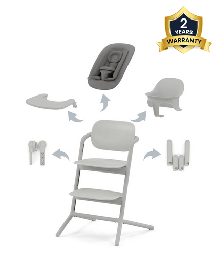 Cybex Lemo 4 in 1 High Chair-With Bouncer Seat, Baby Set & Tray-Individual Height & Depth Adjustment of Seat & Footrest-Anti Tip Rear Wheels for Easy Movement-2 Years Warranty-For 0 to 99Y (Upto 120 Kg)-Suede Grey