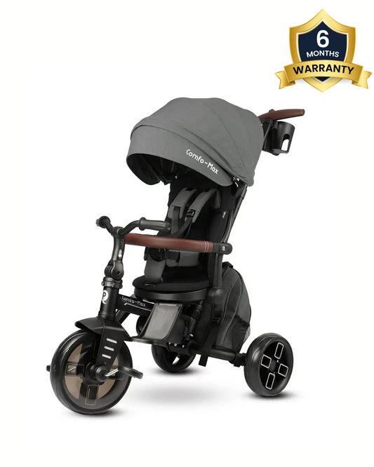 Qplay Comfo Max 7-in-1 Trike-Height Adjustable Parent Handle Bar-360 Degrees Rotating Seat-Adjustable Backrest-Foldable Frame-With Detachable Backpack-For 10M to 6Y (Upto 25 Kg)-Grey