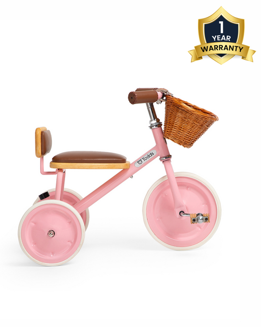 Todds Trike-ISO 8124 Certified-Detachable & Height Adjustable Parent Handlebar-With Birchwood Pedals & Vegan Leather Padded Seat-For 18M+-Popsicle Pink