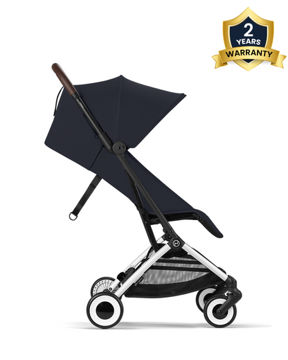 Cybex Orfeo Cabin Friendly Stroller-One Hand Fold-Flat Reclining Seat-Car Seat Compatible-2 Years Warranty-For 0 to 4Y (Upto 22 Kg)-Silver Frame & Dark Blue Seat