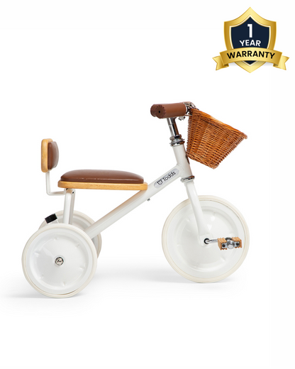 Todds Trike-ISO 8124 Certified-Detachable & Height Adjustable Parent Handlebar-With Birchwood Pedals & Vegan Leather Padded Seat-For 18M+-Whimsy White