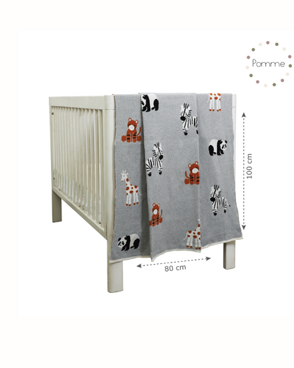 Pomme Cute Safari Knitted Ultra Soft Blanket-100% Cotton-Grey-For Infants