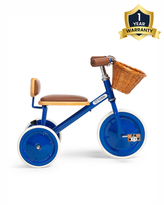 Todds Trike-ISO 8124 Certified-Detachable & Height Adjustable Parent Handlebar-With Birchwood Pedals & Vegan Leather Padded Seat-For 18M+-Boat Blue