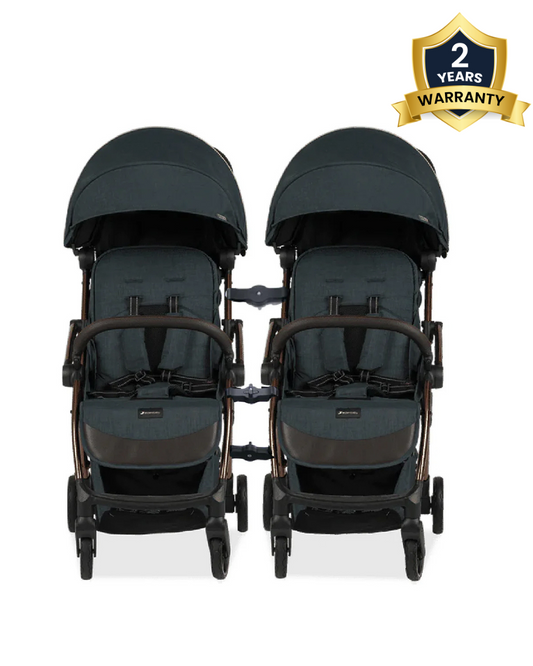 Leclerc Influencer Air Twin Stroller-Air Cabin Friendly-Flat Reclining Seat-One Touch Fold-Includes Individual Travel Bags & Twin Stroller Connectors-2 Years Warranty-For 6M to 5Y (Upto 22 Kg Each Stroller)-Denim Blue