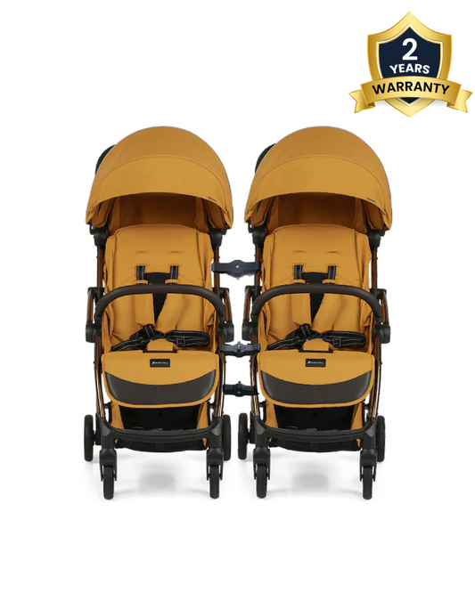 Leclerc Influencer Air Twin Stroller-Air Cabin Friendly-Flat Reclining Seat-One Touch Fold-Includes Individual Travel Bags & Twin Stroller Connectors-2 Years Warranty-For 6M to 5Y (Upto 22 Kg Each Stroller)-Golden Mustard