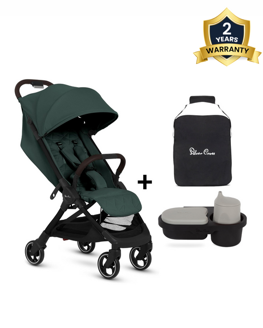 Silver Cross Clic 2 Cabin Friendly Stroller-With Snack Tray & Stroller Bag-One Hand Fold-Includes Rain Cover-For 0 to 4Y (Upto 22 kg)-Conifer